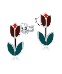 Dark Red Tulip Silver Ear Stud STS-3467